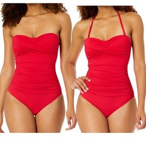 Anne Cole Live In Color Ruby Red Twist Front Shirred One Piece Swimsuit Size 6
